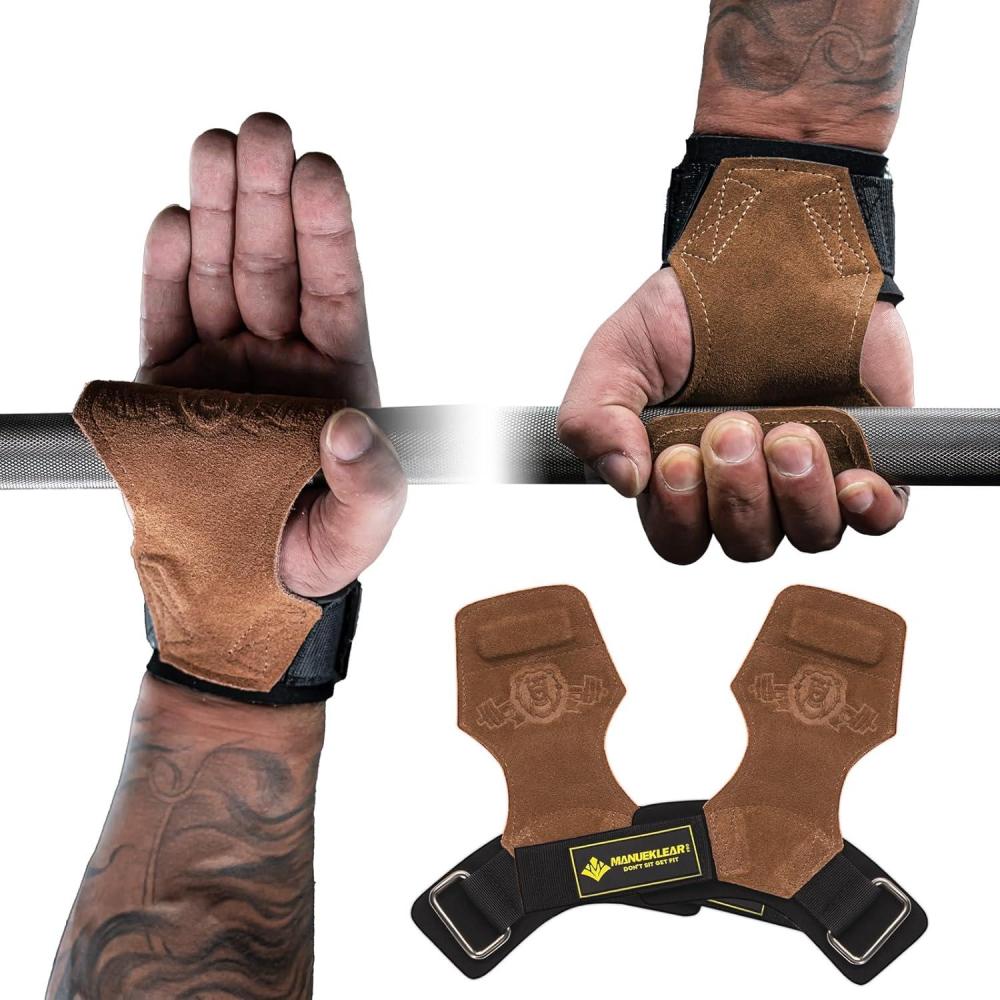 imageMANUEKLEAR Gym Straps Weight Lifting Double Leather Lifting Straps for Men Deadlift with Cushion Wrist Loop Gym Lifting Wrist Wraps for WeightliftingBrown