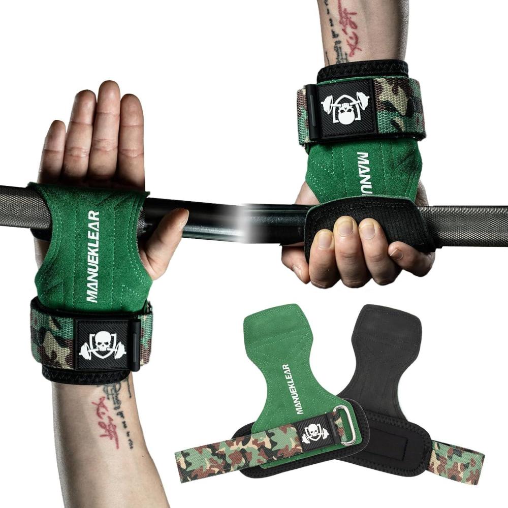 imageMANUEKLEAR Gym Straps Weight Lifting Double Leather Lifting Straps for Men Deadlift with Cushion Wrist Loop Gym Lifting Wrist Wraps for WeightliftingSize S Double Green