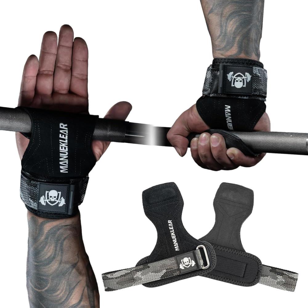 imageMANUEKLEAR Gym Straps Weight Lifting Double Leather Lifting Straps for Men Deadlift with Cushion Wrist Loop Gym Lifting Wrist Wraps for WeightliftingSize S Double Black