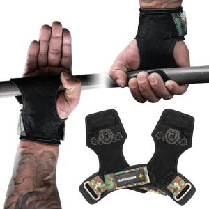 MANUEKLEAR Gym Straps Weight Lifting, Double Leather Lifting Straps for Men Deadlift with Cushion Wrist Loop, Gym Lifting Wrist Wraps for Weightlifting(Black/Camo)