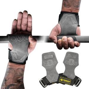 MANUEKLEAR Gym Straps Weight Lifting, Double Leather Lifting Straps for Men Deadlift with Cushion Wrist Loop, Gym Lifting Wrist Wraps for Weightlifting(Gray)