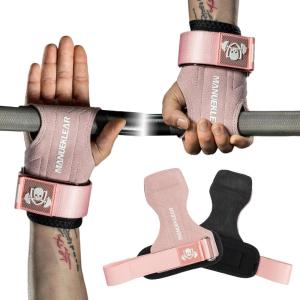 MANUEKLEAR Gym Straps Weight Lifting, Double Leather Lifting Straps for Men Deadlift with Cushion Wrist Loop, Gym Lifting Wrist Wraps for Weightlifting(Size S Double Pink)