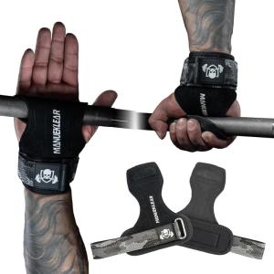 MANUEKLEAR Gym Straps Weight Lifting, Double Leather Lifting Straps for Men Deadlift with Cushion Wrist Loop, Gym Lifting Wrist Wraps for Weightlifting(Size S Double Black)