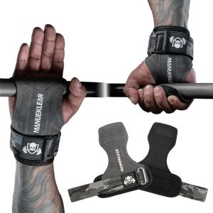 MANUEKLEAR Gym Straps Weight Lifting, Double Leather Lifting Straps for Men Deadlift with Cushion Wrist Loop, Gym Lifting Wrist Wraps for Weightlifting(Size S Double Grey)